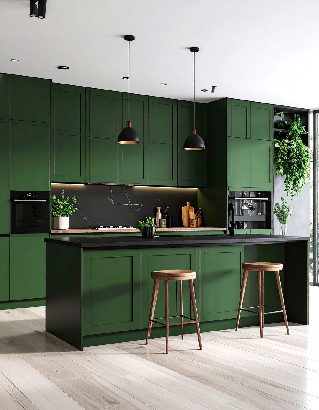 Dark Green Upper Cabinets with Black Lower Cabinetry - 24 Black and Green Kitchen Ideas