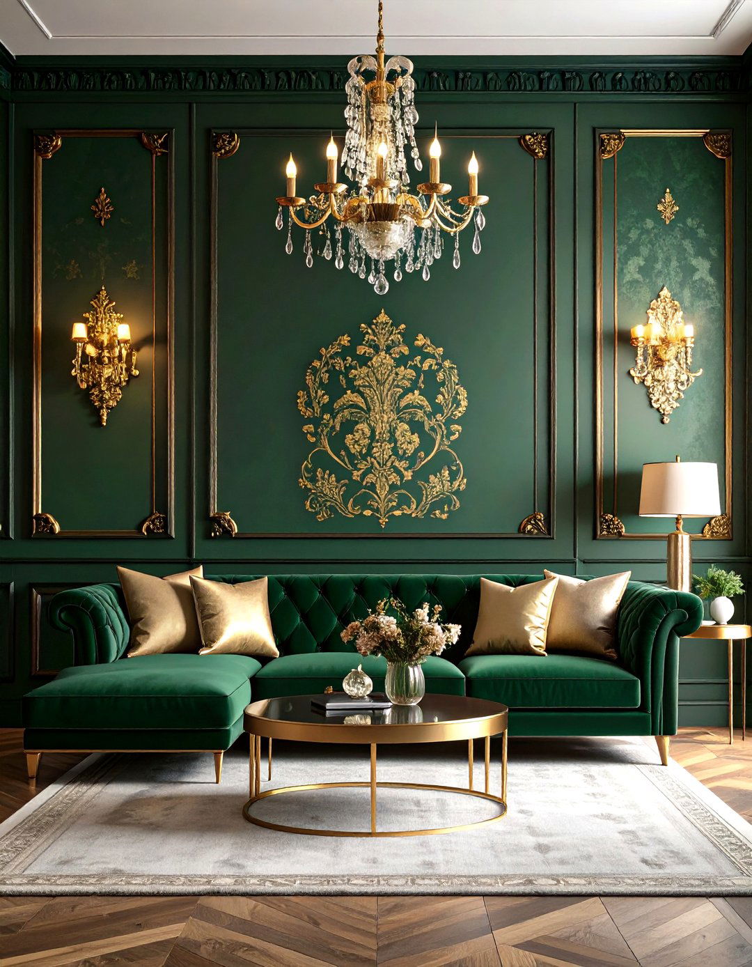 Dark Green with Gold Damask Wallpaper - 24 Green and Gold Living Room Ideas