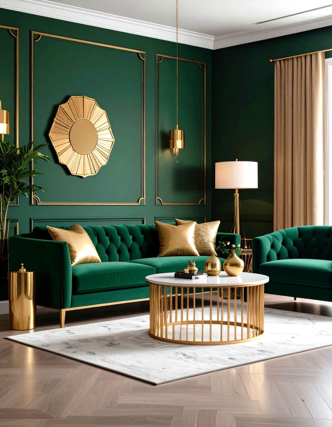 Dark Green with Gold Geometric Patterns - 24 Green and Gold Living Room Ideas