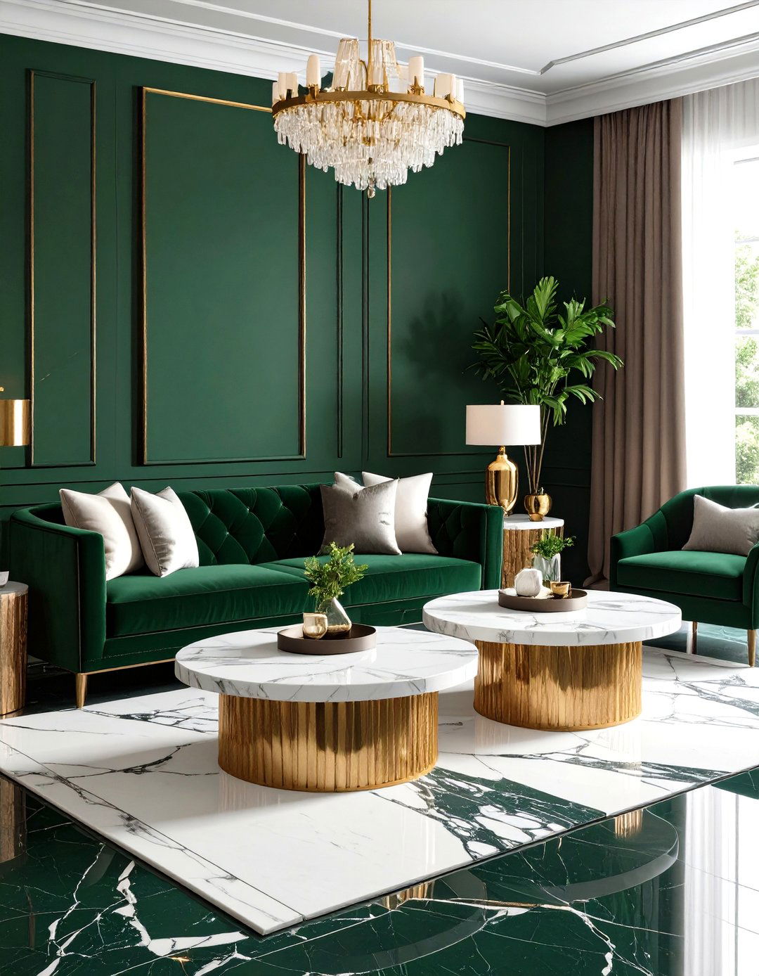 Dark Green with Marble Elements - 24 Dark Green Living Room Ideas