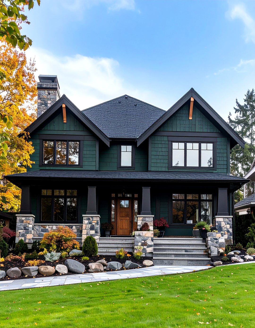 Dark Green with Natural Stone Foundation and Black Metal Details - 24 Dark Olive Green House With Black Trim