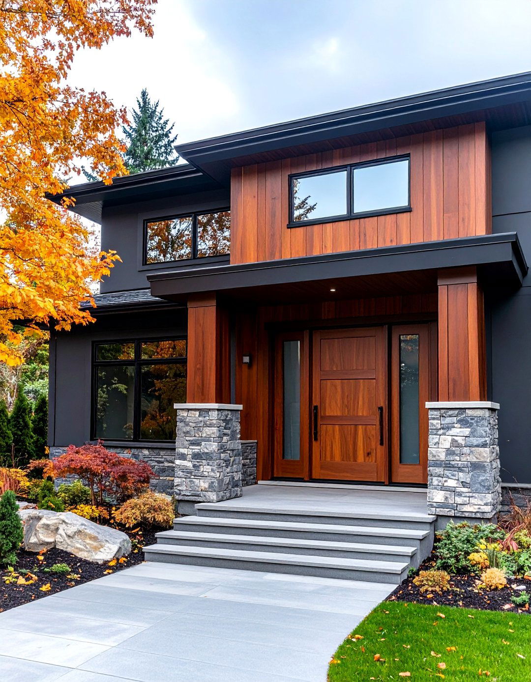 Dark Grey Stucco with Mahogany Wood Details - 24 Dark Grey House Exterior Ideas