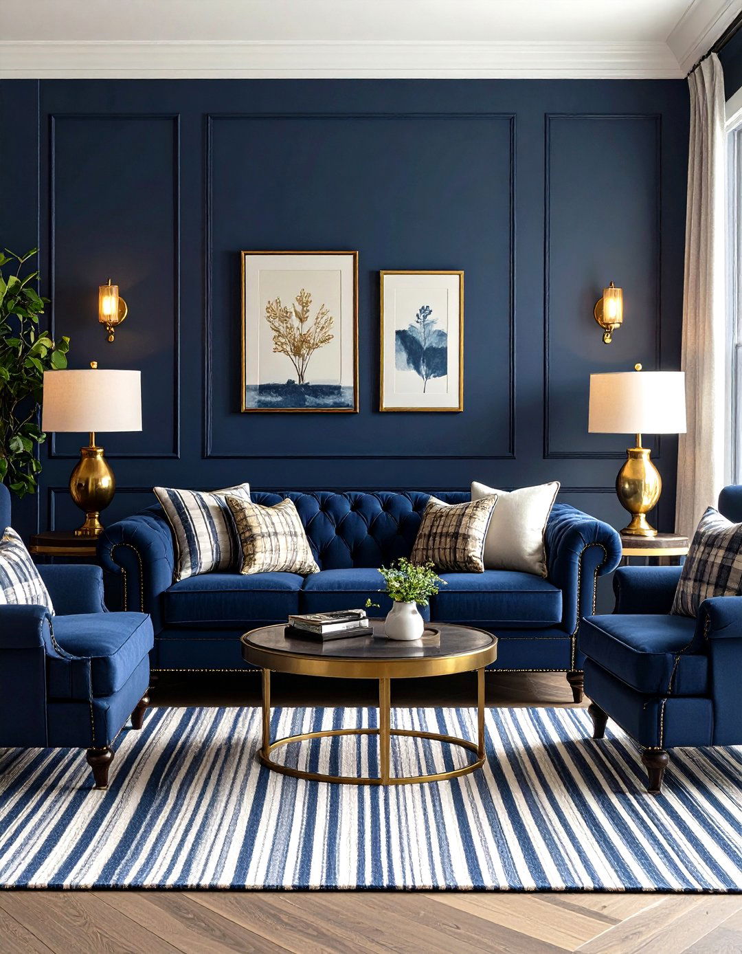 Dark Navy Living Room with Traditional Preppy Elements - 24 Moody Living Room Ideas