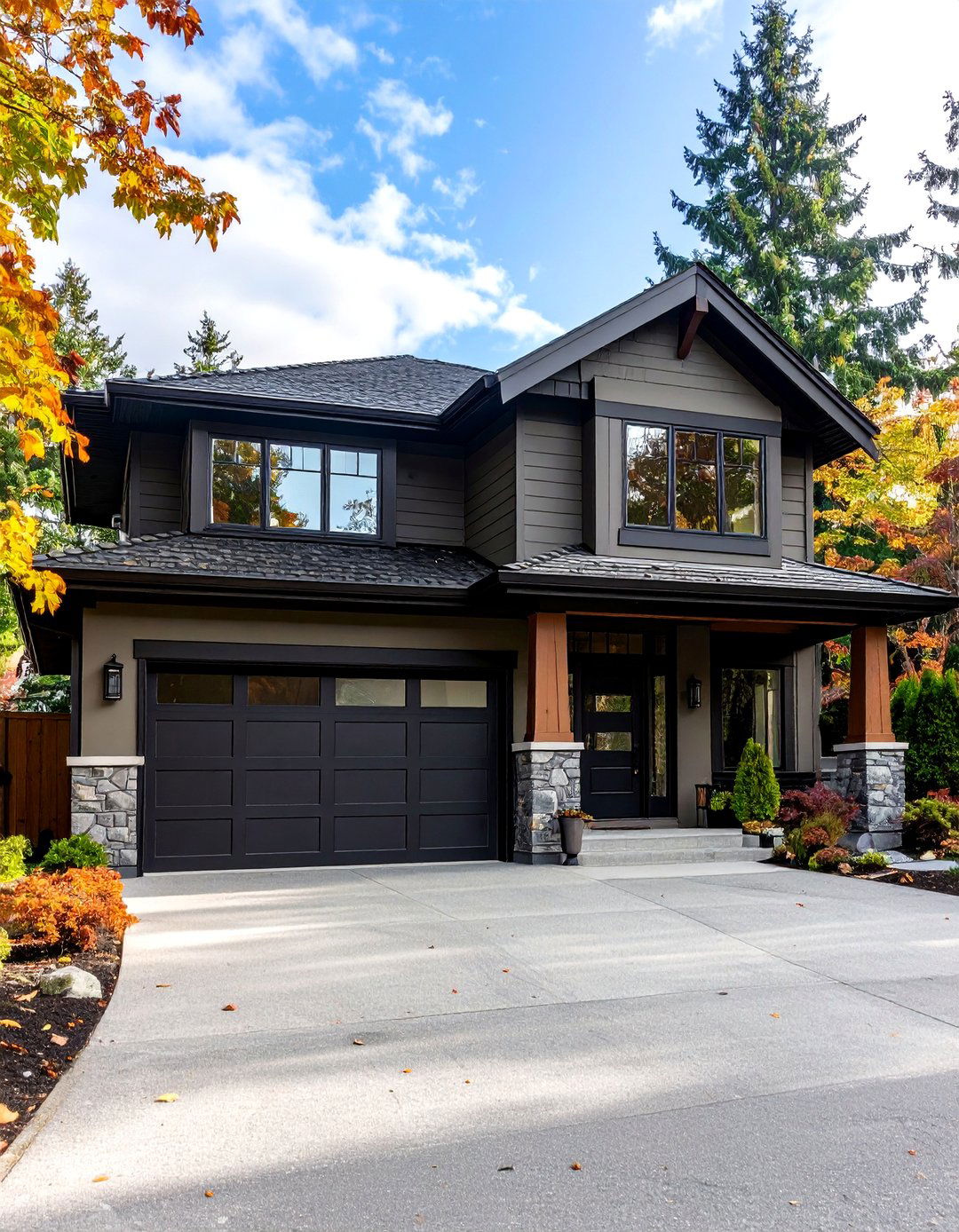 Dark Olive Siding with Black Garage Doors and Entry Elements - 24 Dark Olive Green House With Black Trim