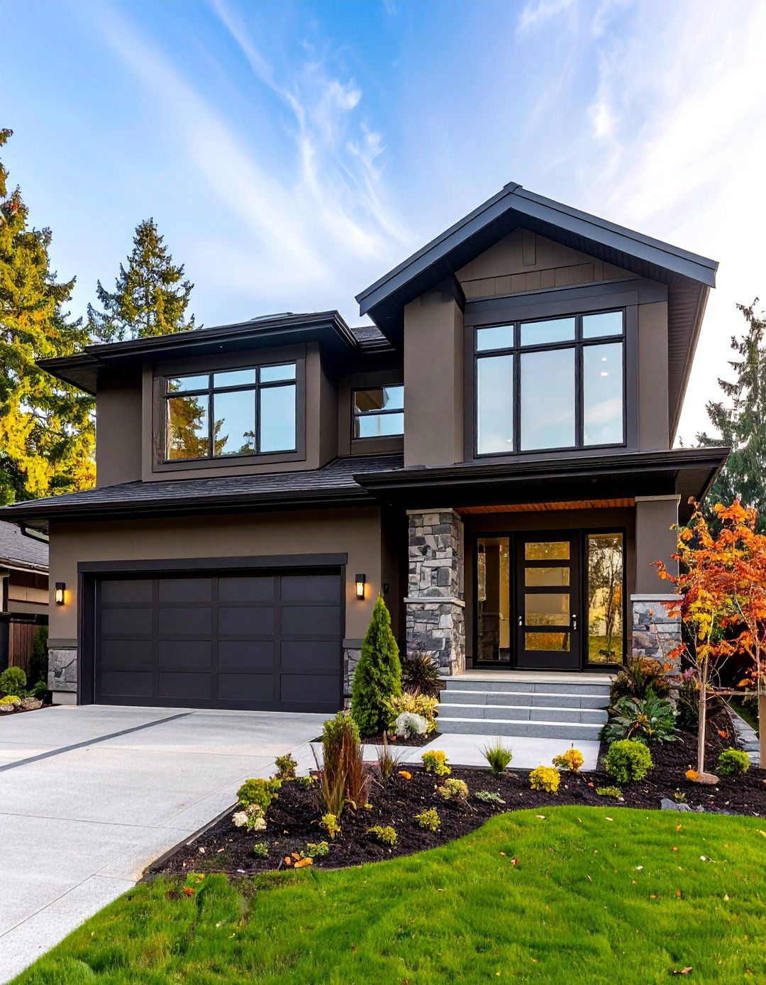 Dark Olive Stucco with Black Window and Door Frames - 24 Dark Olive Green House With Black Trim