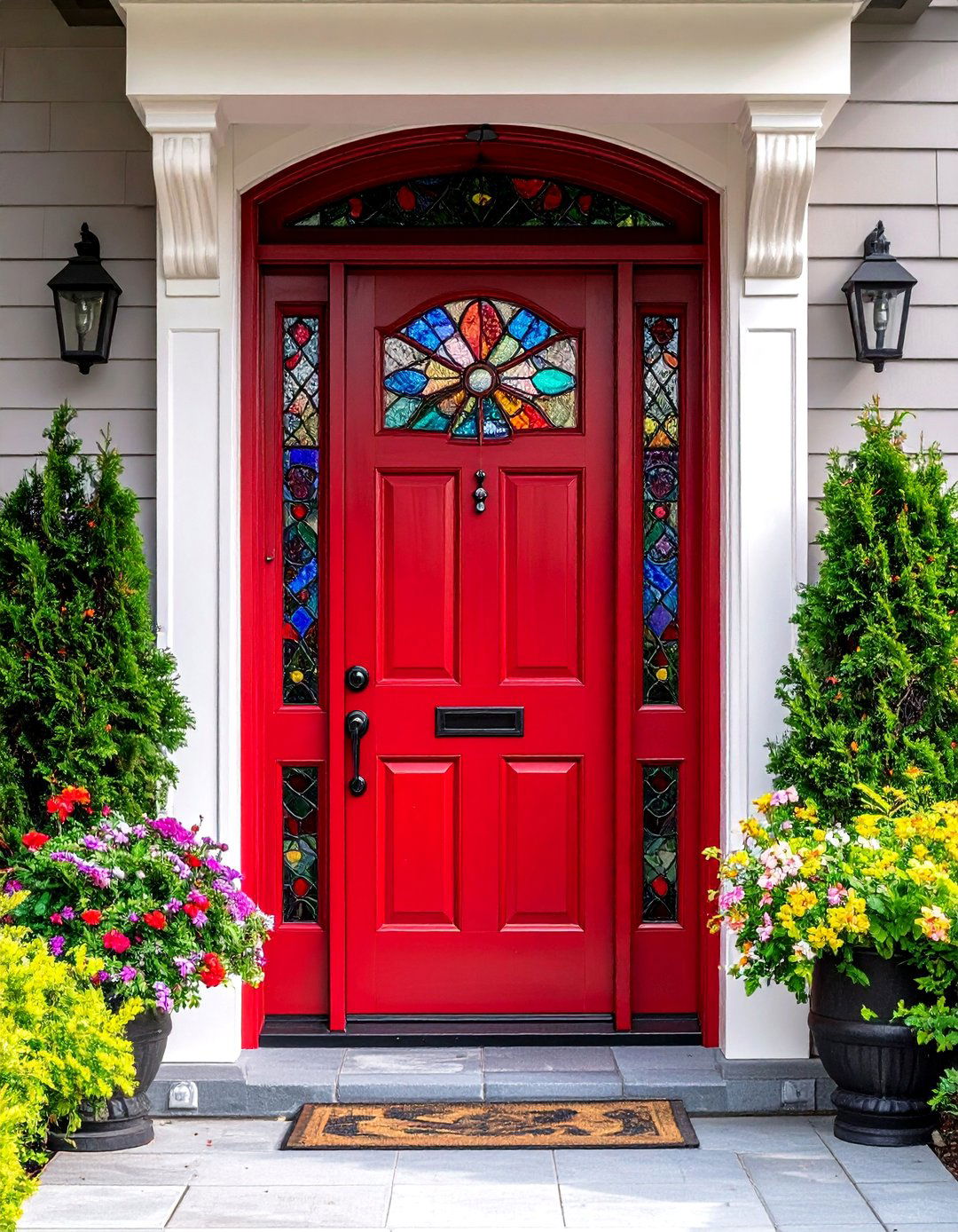 Dark Red Door with Stained Glass Accents - 24 Dark Red Front Door Ideas