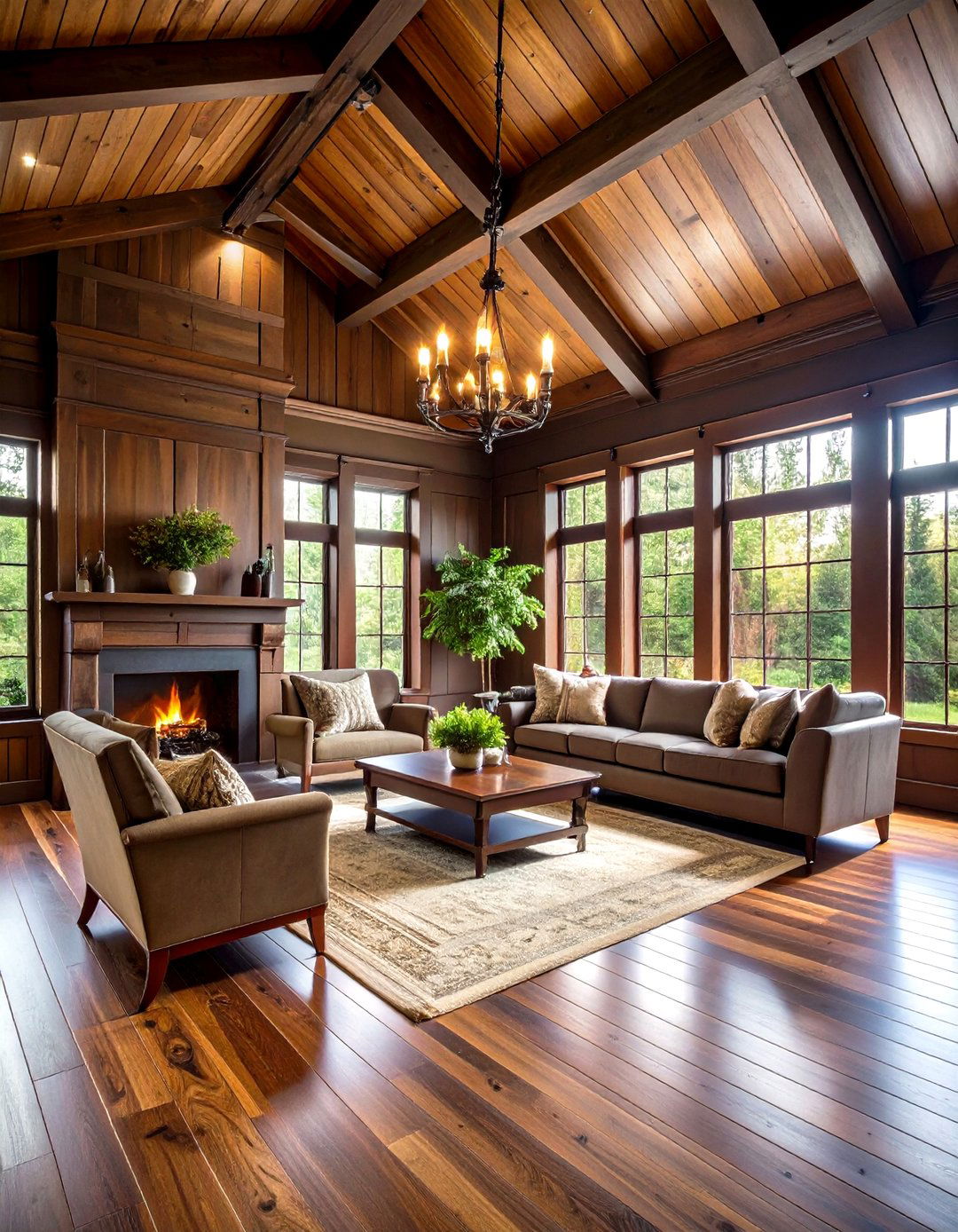 Dark Stained Cathedral Great Room - 24 Shiplap Ceiling Ideas