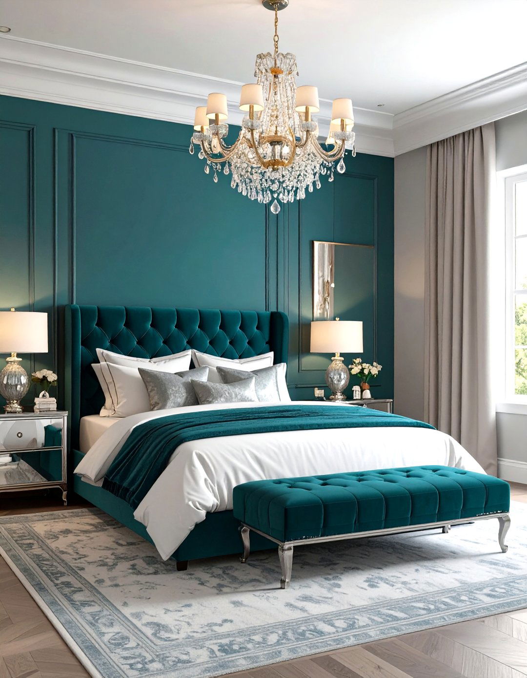 Dark Teal Feature Wall with Silver Accents - 24 Teal and Grey Bedroom Ideas