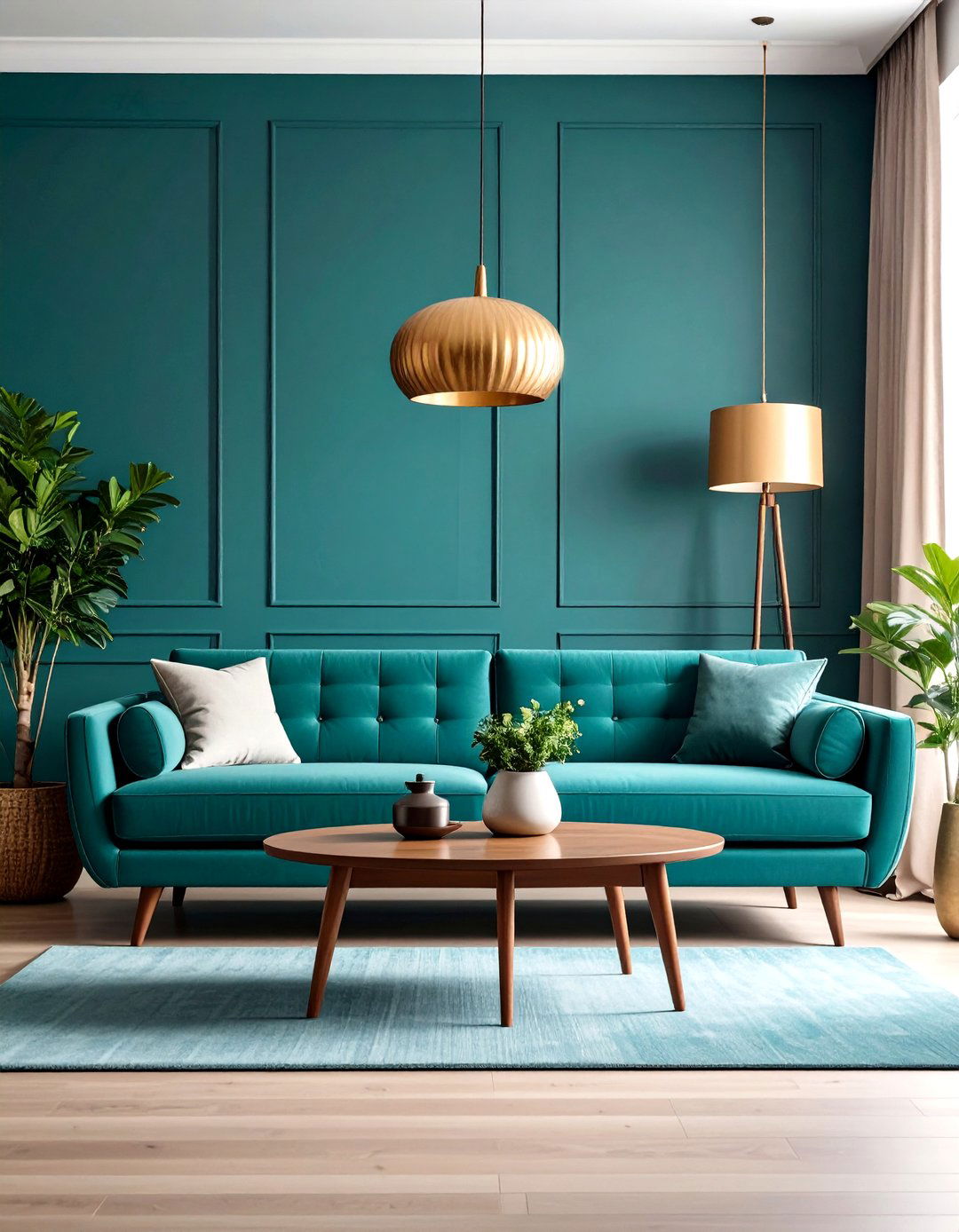Dark Teal Living Room with Mid Century Modern Furniture - 24 Moody Living Room Ideas