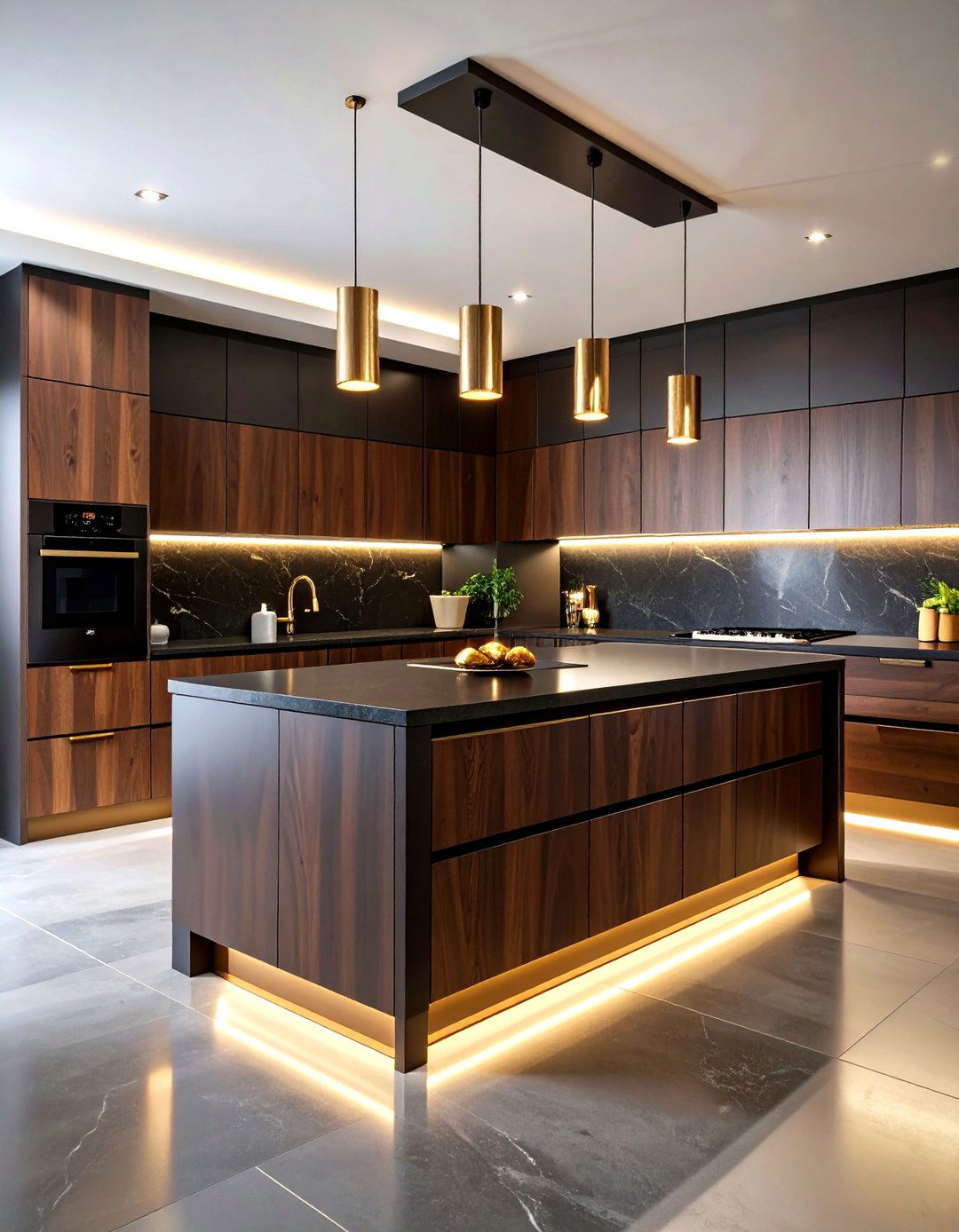 Dark Walnut Cabinets with Honed Black Countertops - 24 kitchen with brown cabinets and black countertops ideas