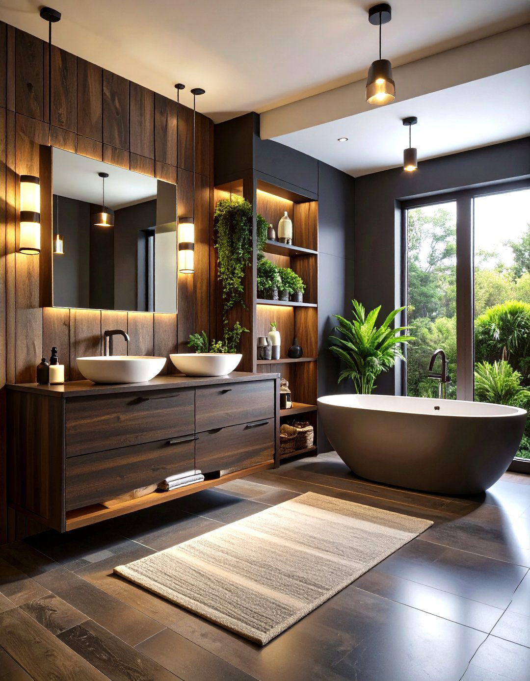 Dark Wood Accent Bathroom Elements - 24 Masculine Bathroom Ideas