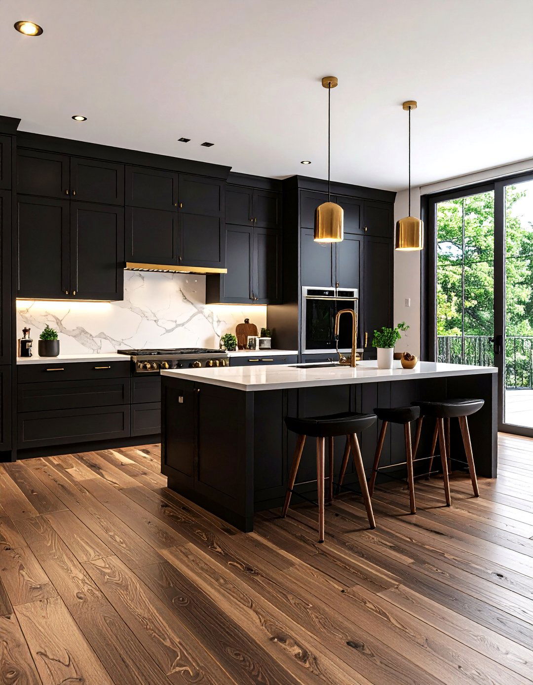 Dark Wood Floor with Black Kitchen Cabinets - 24 Black and Brown Kitchen Ideas