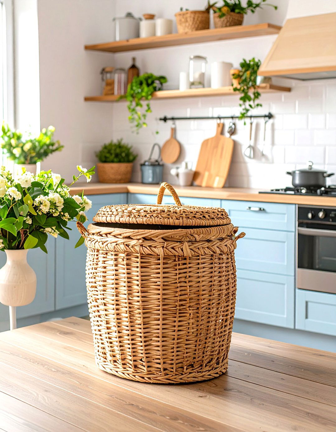 Decorative Wicker Basket Concealment - 24 Garbage Can Storage Ideas
