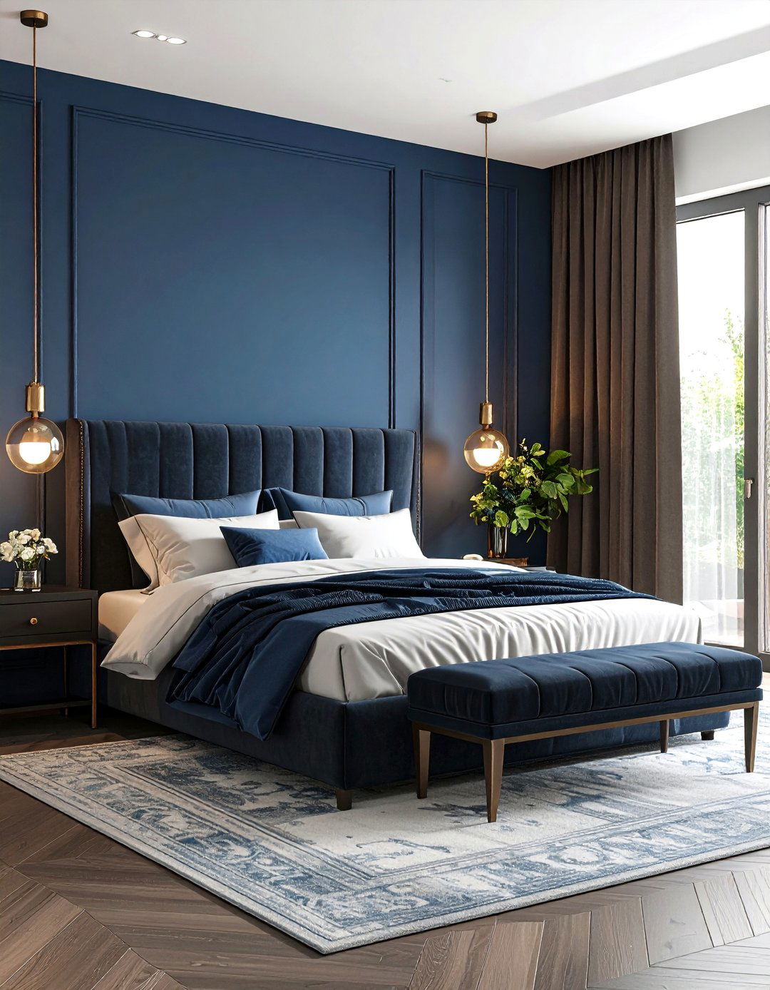 Deep Blue Fabric Headboard Wall - 24 Black and Blue Bedroom Ideas
