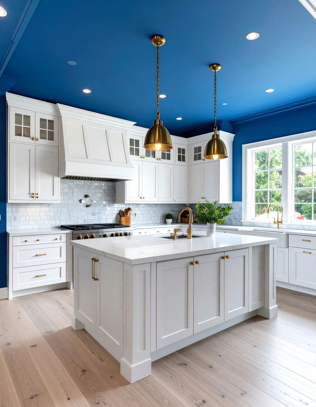Deep Blue Kitchen Ceiling with White Cabinets