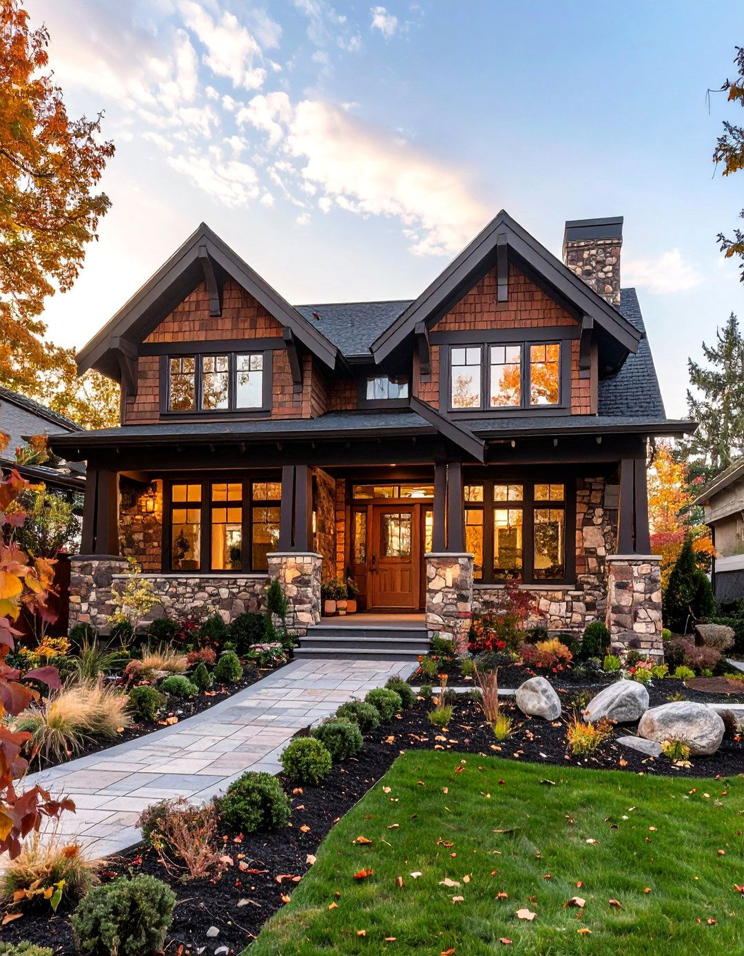 Deep Brown Shingle and Stone Craftsman - 24 Dark Brown House Exterior Ideas