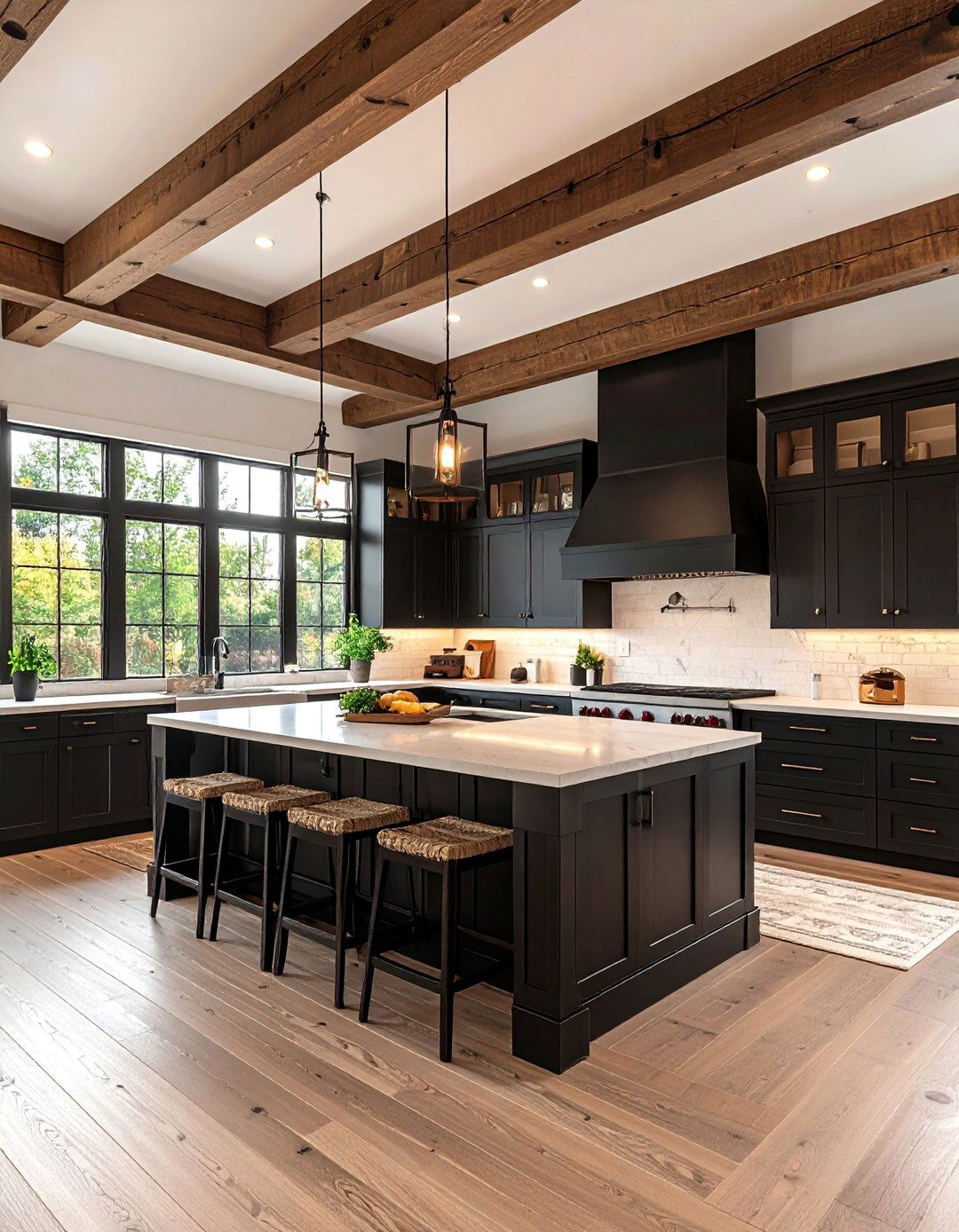 Deep Brown Stained Ceiling Beams with Black Cabinetry - 24 Black and Brown Kitchen Ideas