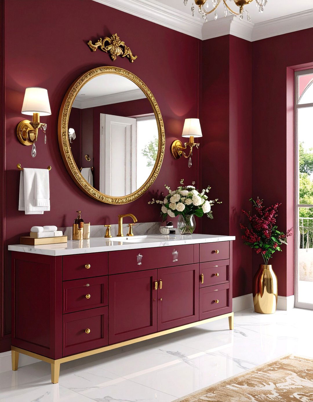 Deep Burgundy Powder Room - 24 Colorful Bathroom Ideas