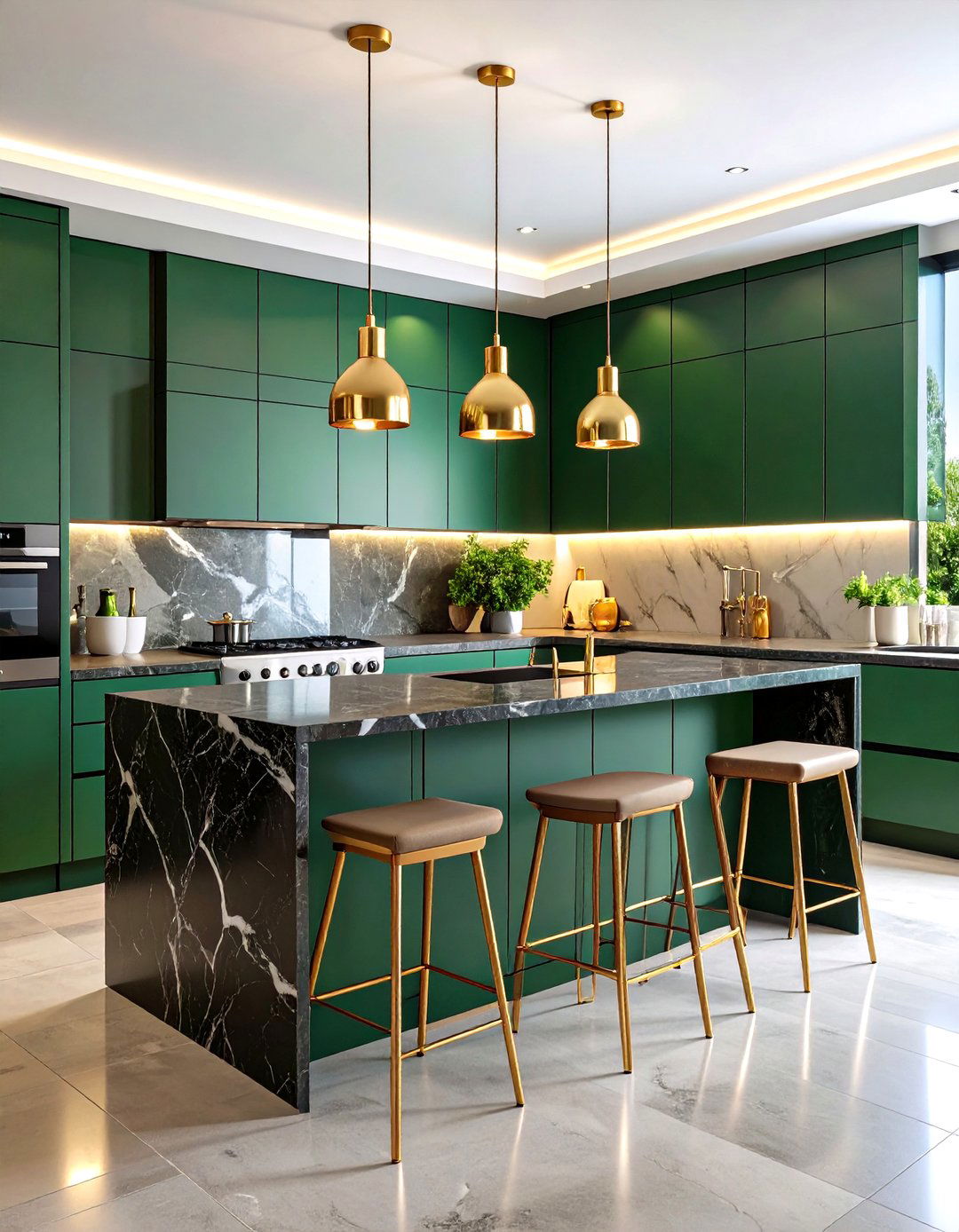 Deep Green Cabinets with Black Marble Waterfall Island - 24 Green Kitchen Cabinets With Black Countertops