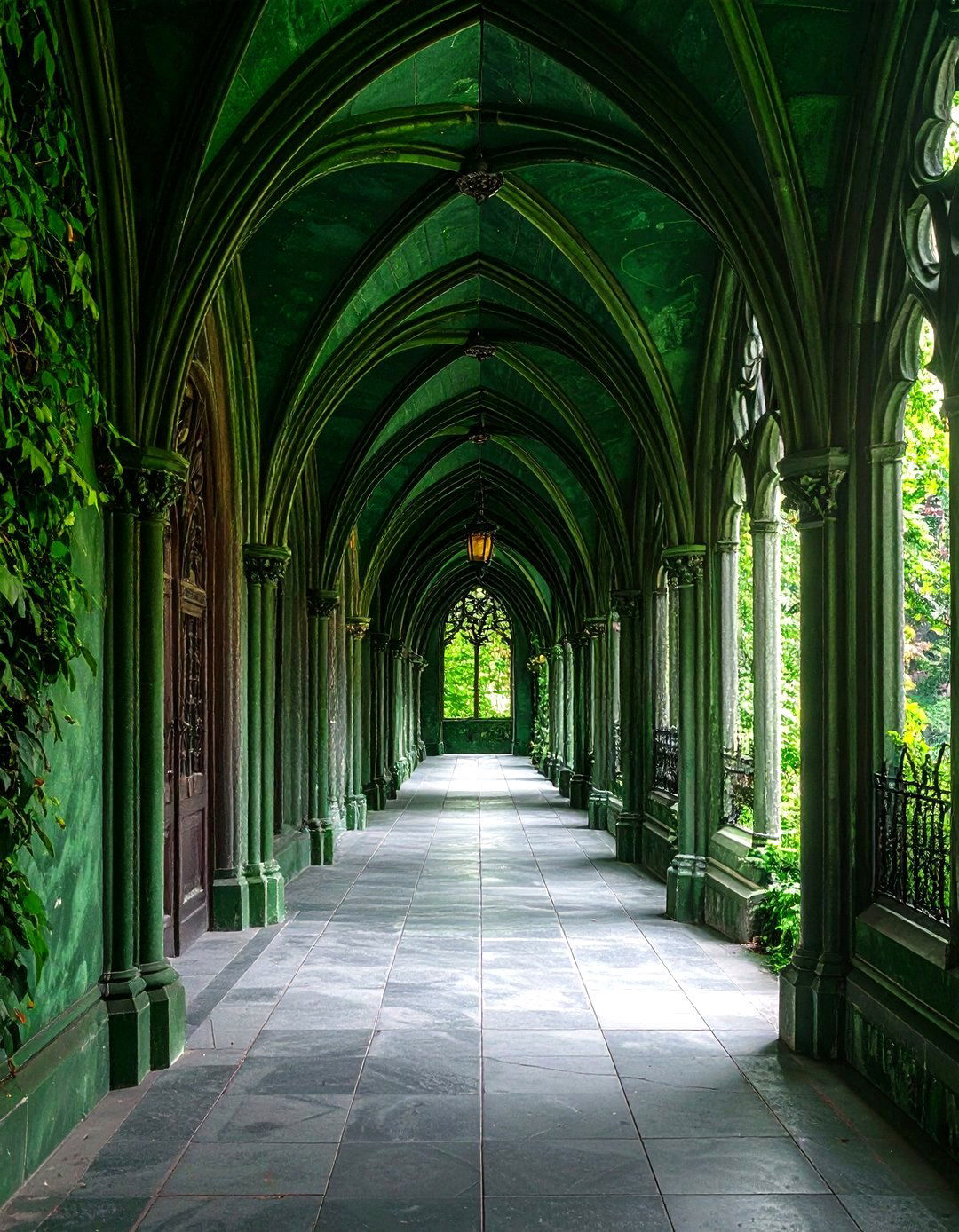 Deep Green Gothic Hallway - 24 Green Hallway Ideas