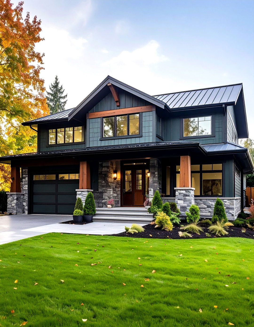 Deep Green with Stone Elements - 24 Dark Green Exterior Ideas