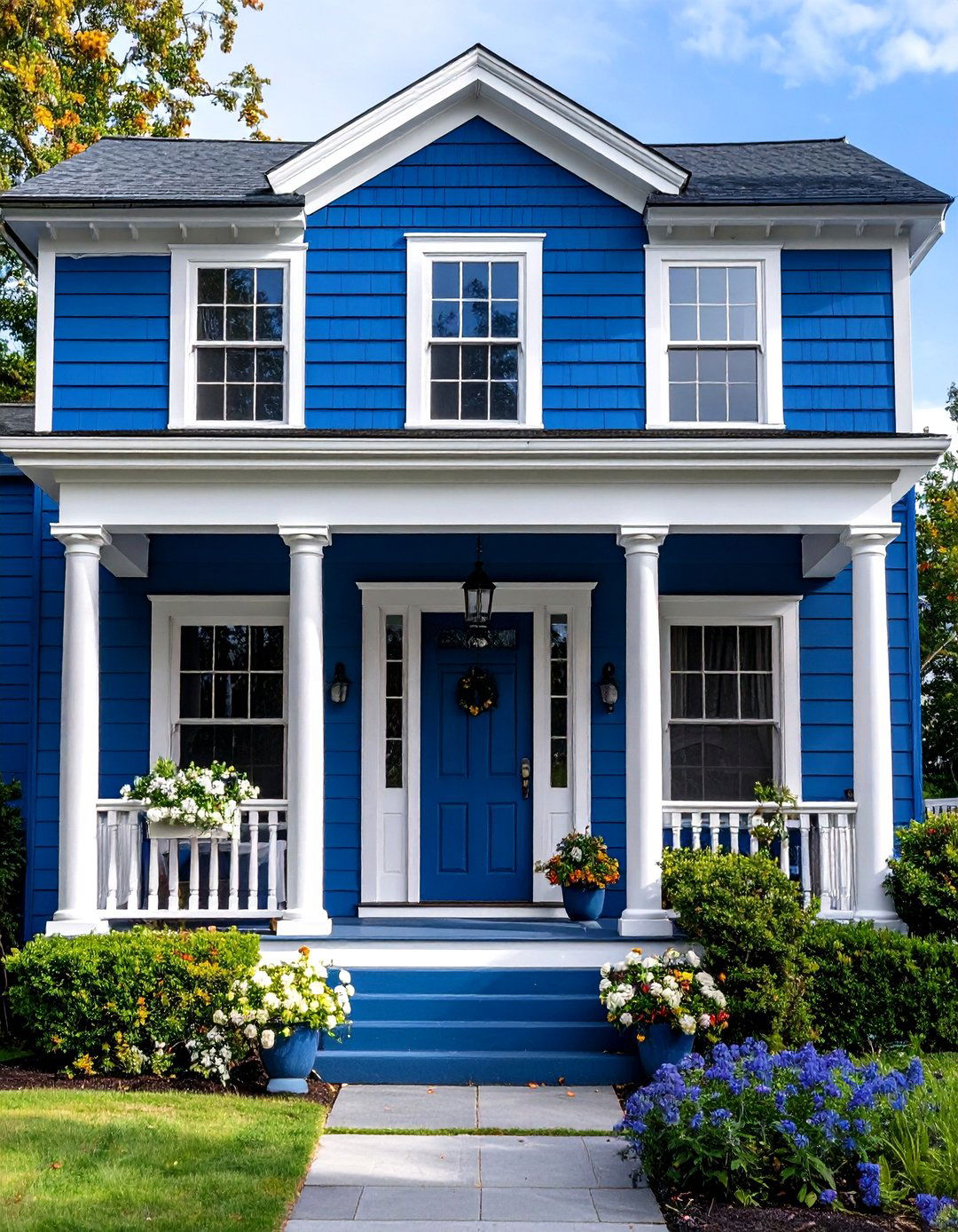 Deep Ocean Blue Colonial Elegance - 24 Blue House Siding With White Trim