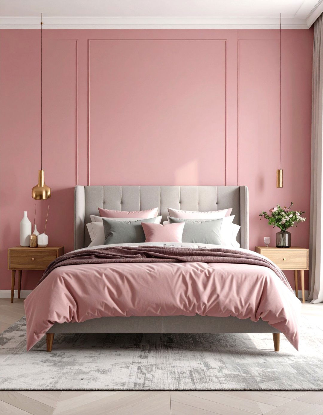 Deep Pink Feature Wall Behind Headboard - 24 Pink and Grey Bedroom Ideas