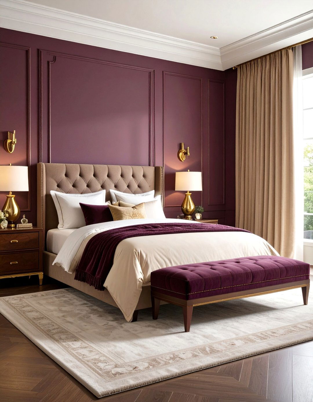 Deep Plum Bedroom with Gold Hardware - 24 Bedroom Paint Colors