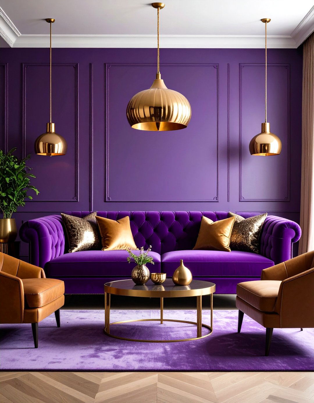 Deep Purple Living Room with Brass and Copper Elements - 24 Moody Living Room Ideas