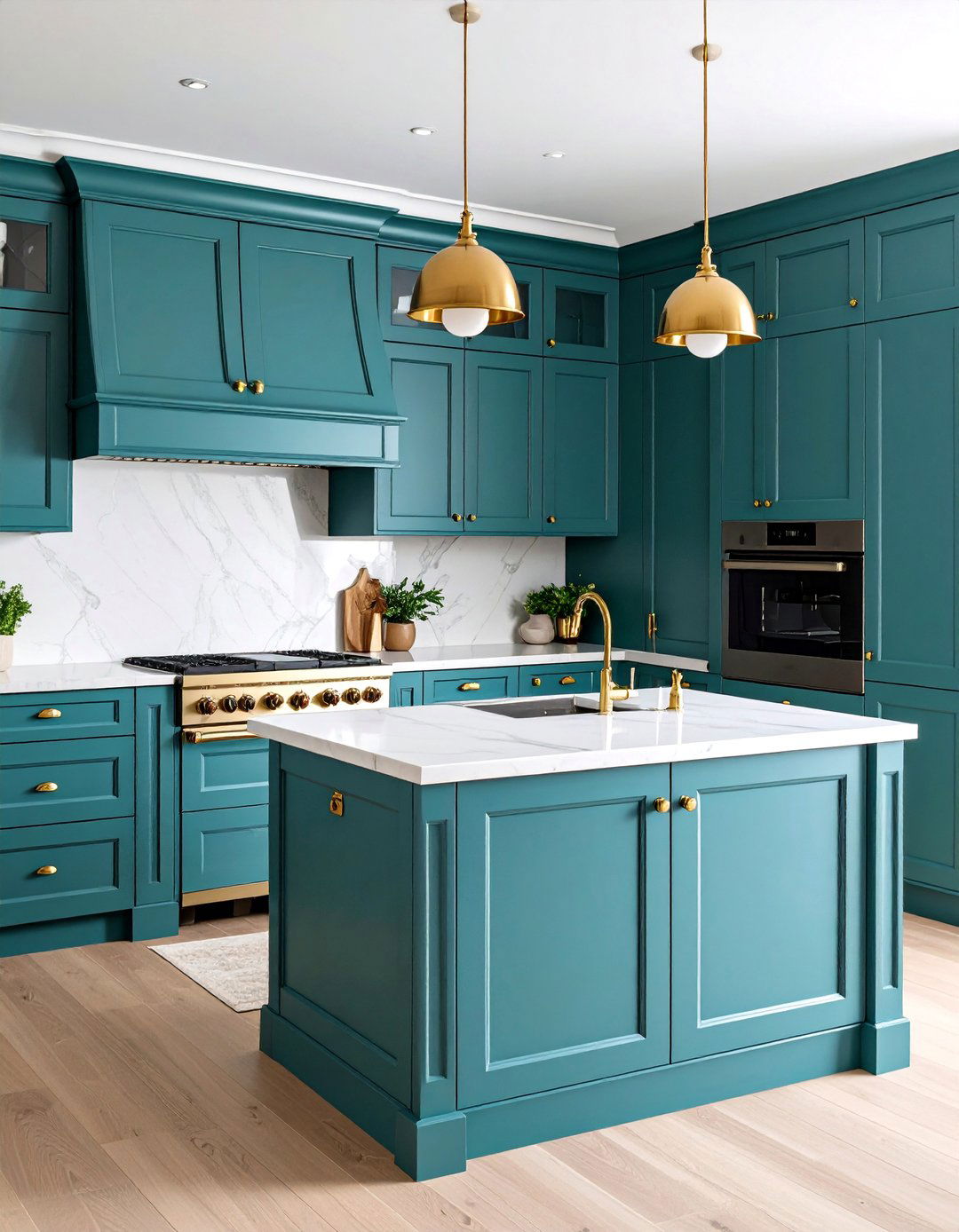 Deep Teal Cabinets with Gold Hardware - 24 Dark Kitchen Ideas
