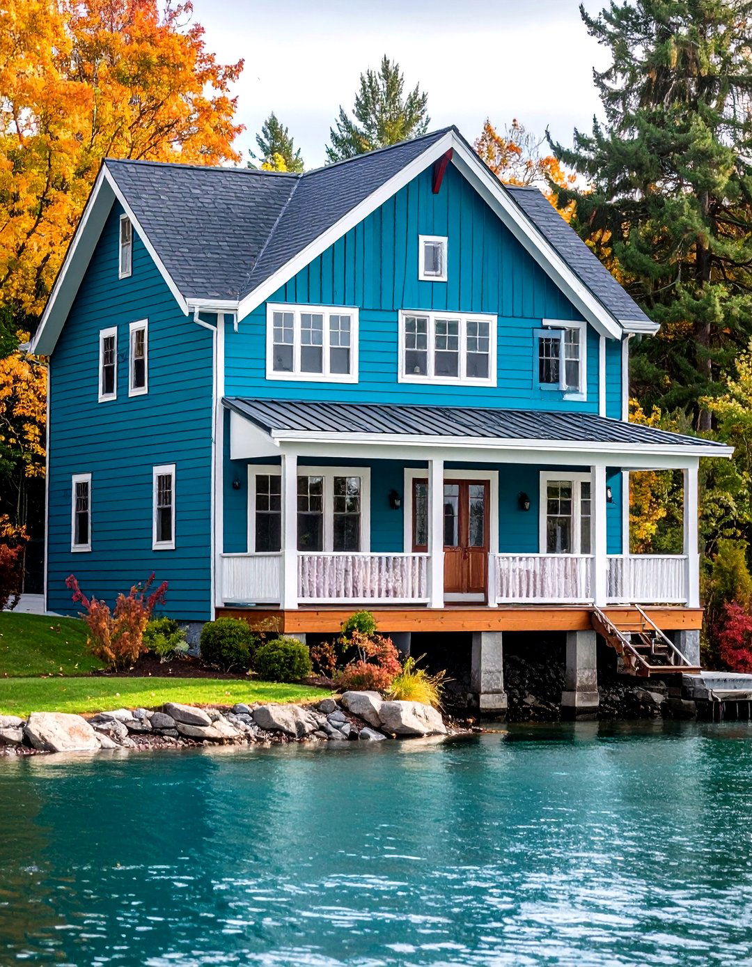 Deep Teal Statement - 24 Lake House Exterior Colors Ideas