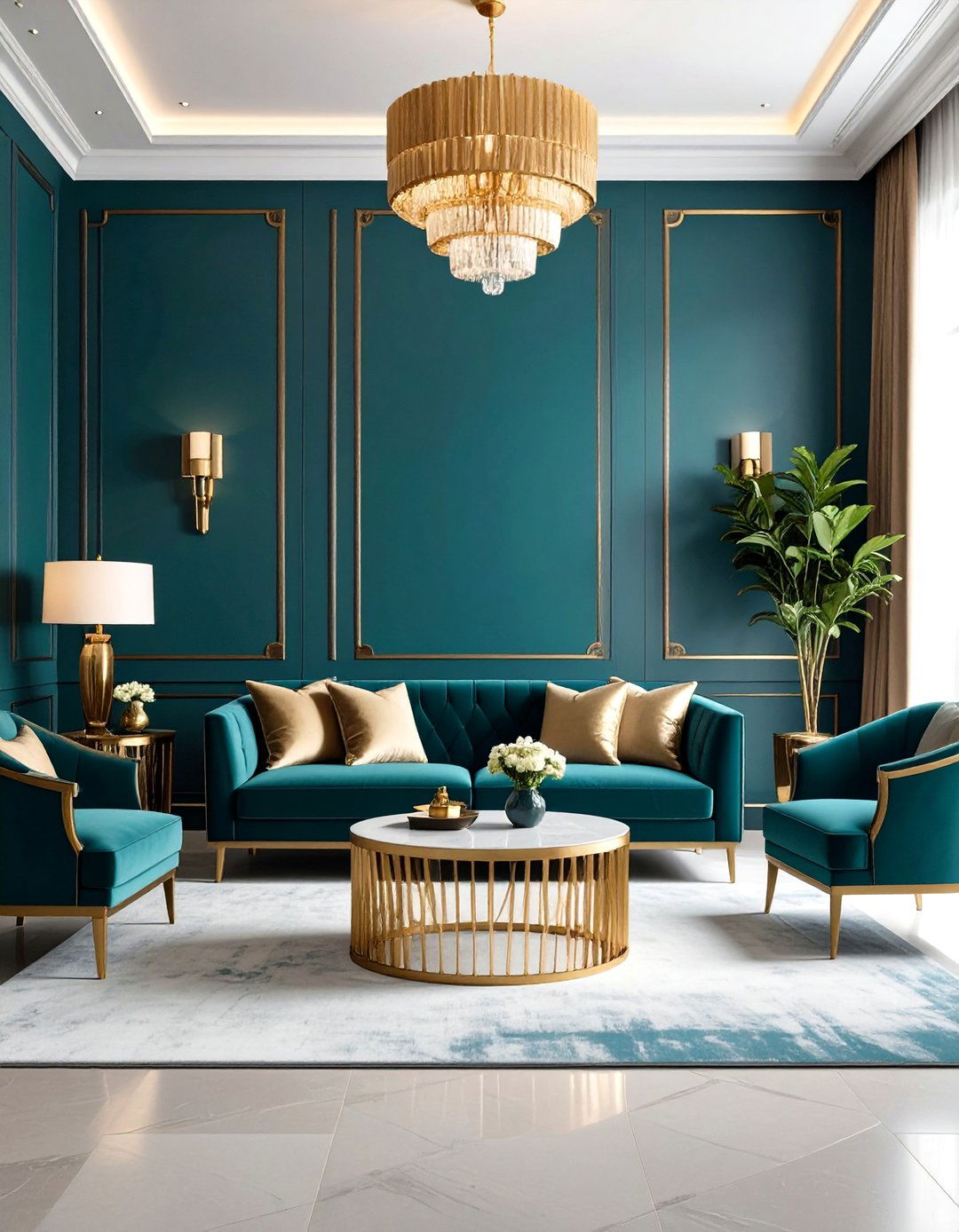 Deep Teal and Gold Living Room - 24 Dark Living Room Ideas