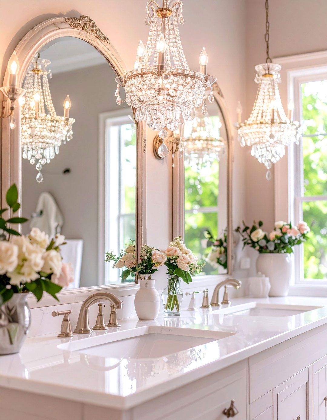 Delicate Crystal Drop Chandeliers - 24 Bathroom Lighting Ideas Over Mirror