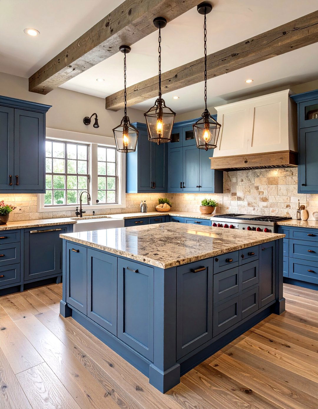 Denim Blue Rustic Cabinets with Giallo Fiorito Brown Granite - 24 blue kitchen cabinets with brown granite countertops