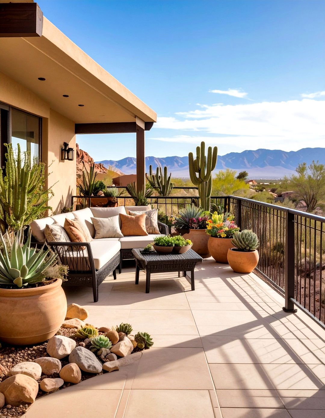 Desert Modern Balcony with Xerophytic Plants and Stone Accents - 24 Balcony Over Garage Ideas
