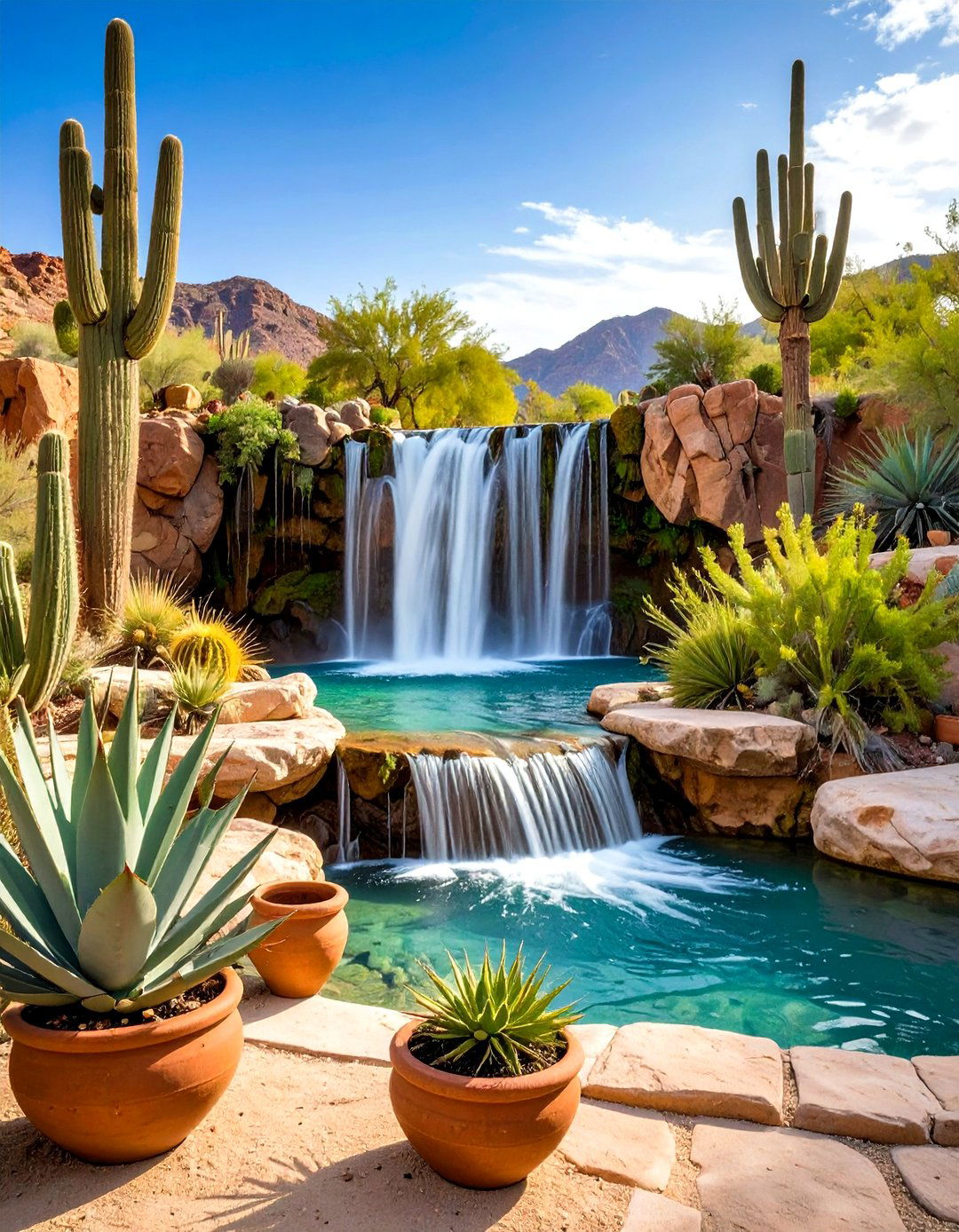 Desert Oasis Waterfall Design - 24 Small Pond Ideas With Waterfalls