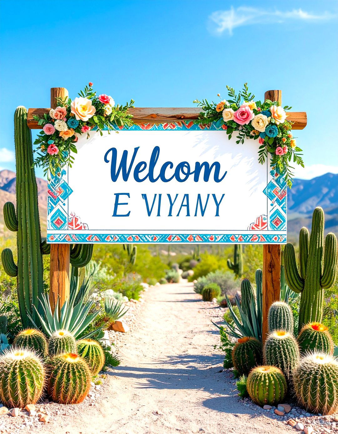 Desert Wedding Welcome Sign with Cacti and Southwestern Patterns - 24 Wedding Welcome Sign Ideas