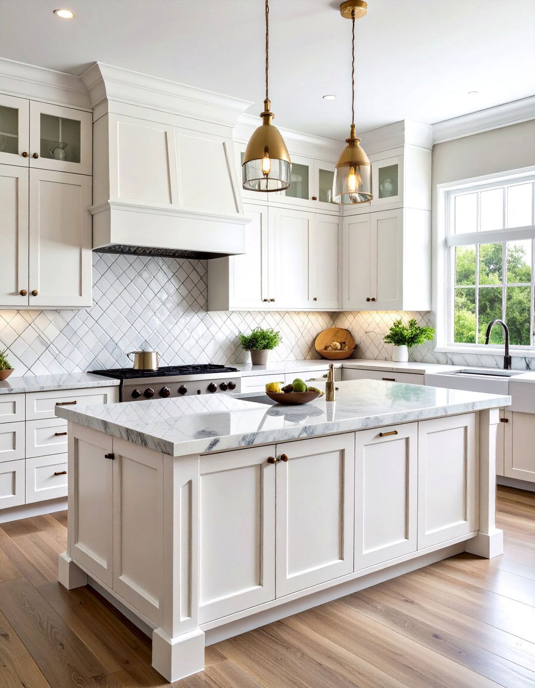 Diamond Pattern Marble Backsplash with Contrast Grout - 24 Backsplash Ideas for White Cabinets and Granite Countertops