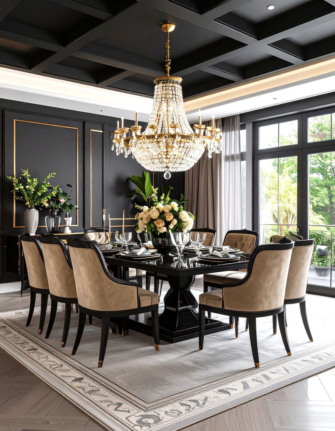 Dining Room Black Coffered Grid - 24 black ceiling ideas