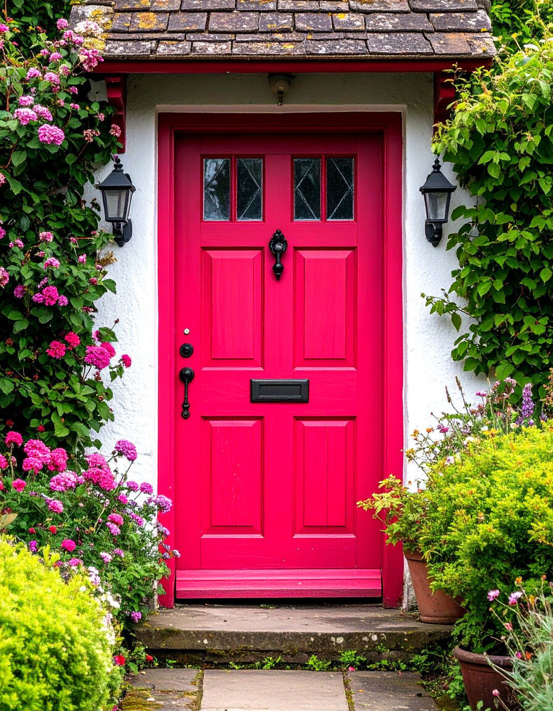 Distressed Crimson Cottage Door with Vintage Hardware - 24 Dark Red Front Door Ideas