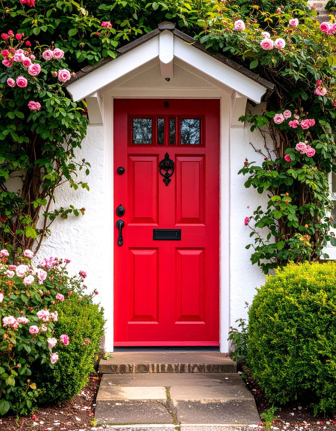 Distressed Dark Red Cottage Door with Wrought Iron Details - 24 Dark Red Front Door Ideas