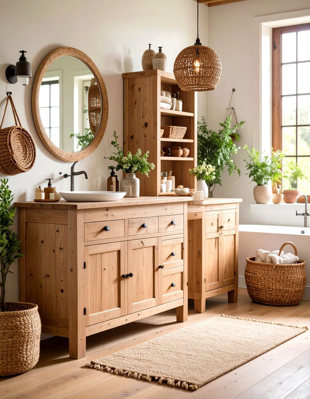 Distressed Pine Vanity with Open Shelving - 24 Wood Bathroom Vanity Ideas