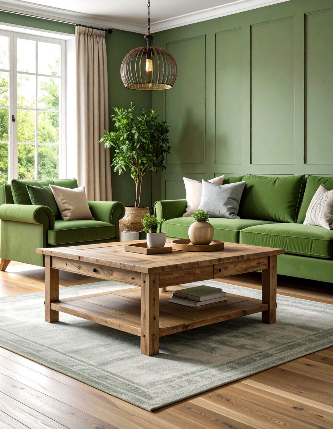 Distressed Wood Coffee Tables in Sage Green Settings - 24 Rustic Sage Green Living Room Ideas