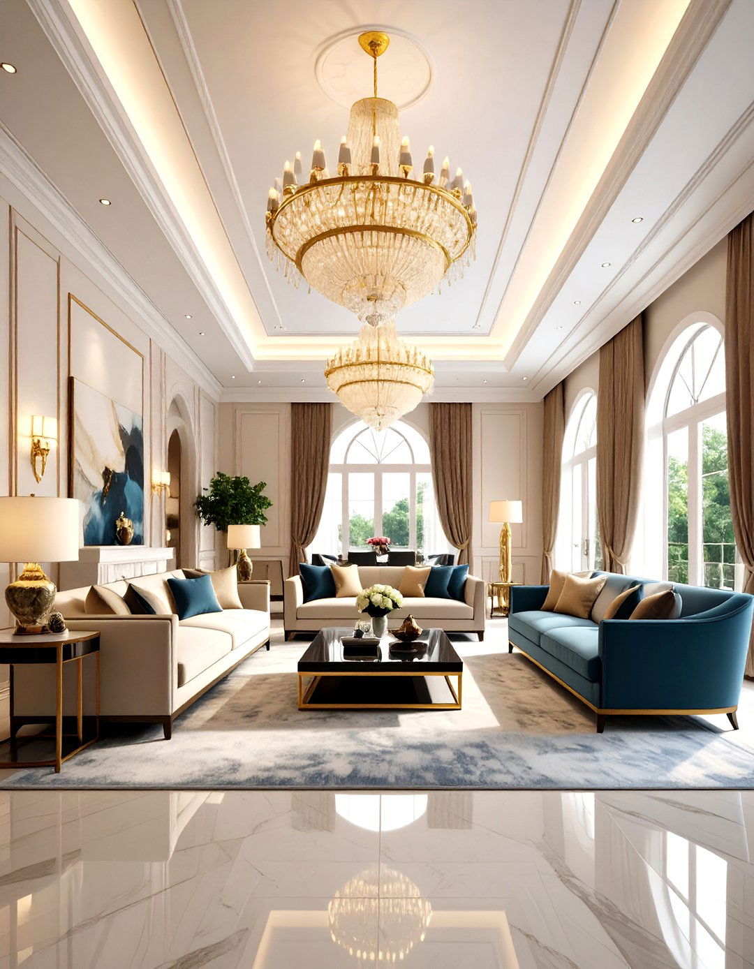 Double Height Ceiling Drama Living Room - 24 Mansion Living Room Ideas
