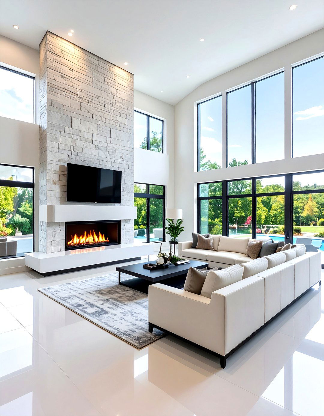 Double Height Linear Fireplace with Vertical Elements - 24 Linear Fireplace Ideas With Tv Above