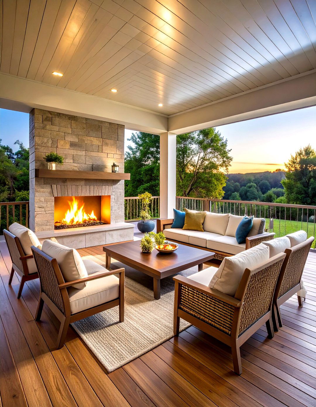 Double Sided Fireplace Deck Dining Area - 24 Covered Deck With Fireplace Ideas