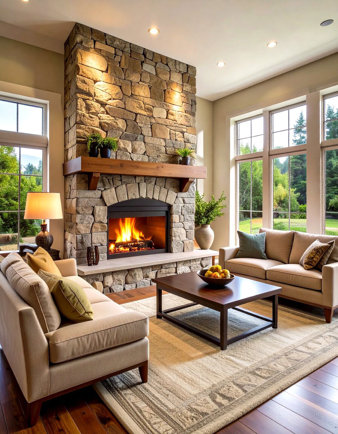 Double Sided Fireplace with Stone Divider - 24 French Country Fireplace Ideas