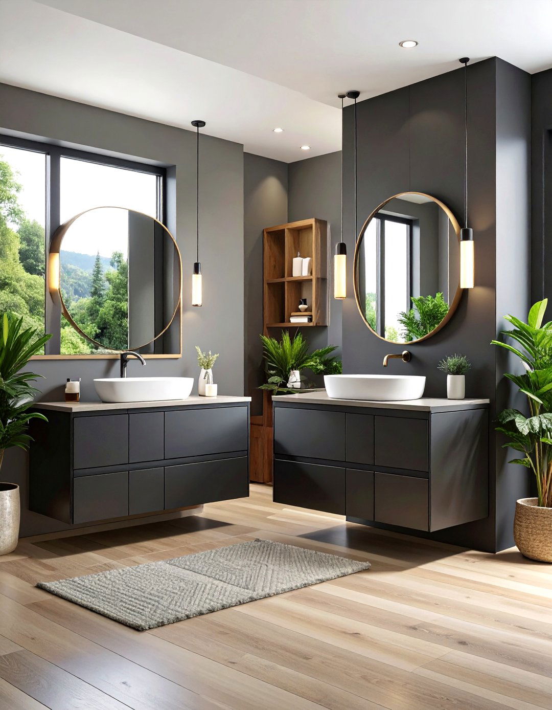 Double Sink Black Vanities with Center Tower - 24 bathroom with black cabinets ideas