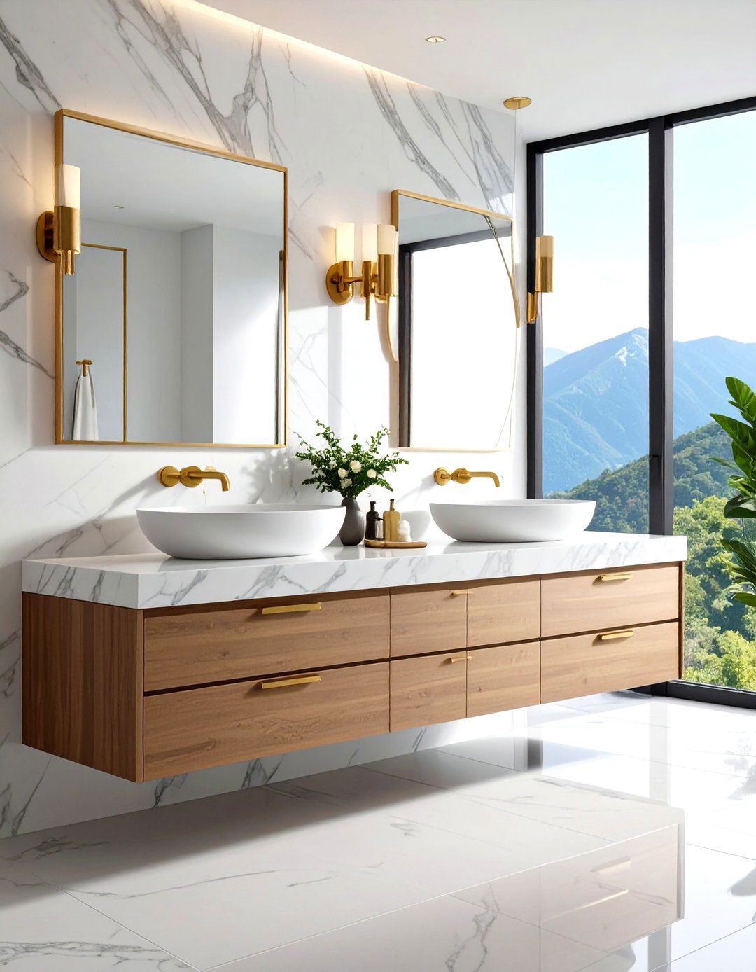 Double Sink Floating Vanity with Marble Waterfall Countertop - 24 Floating Vanity Bathroom Ideas