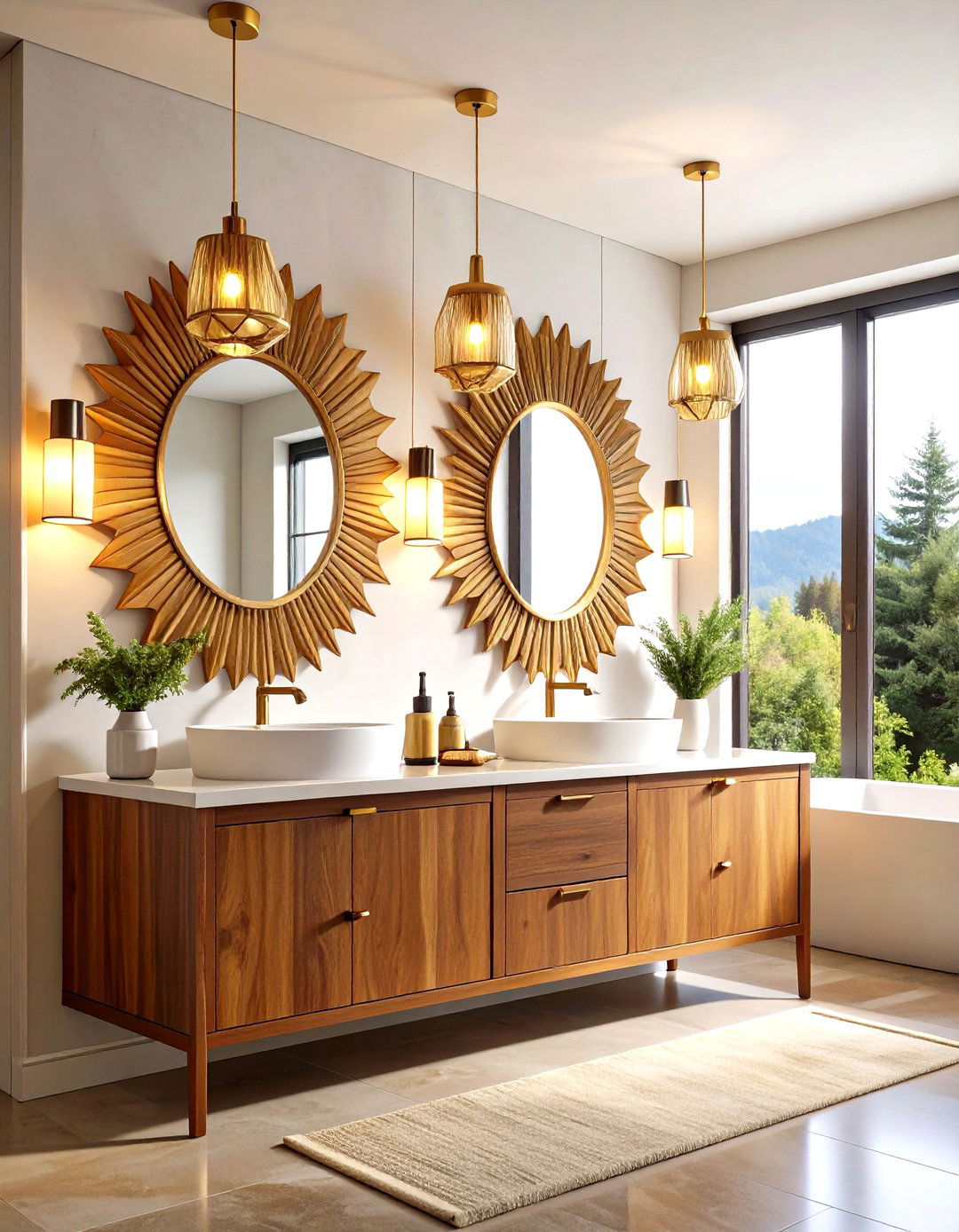 Double Vanity Bathroom with Starburst Mirror Collection - 24 Mid-century Modern Bathroom Ideas
